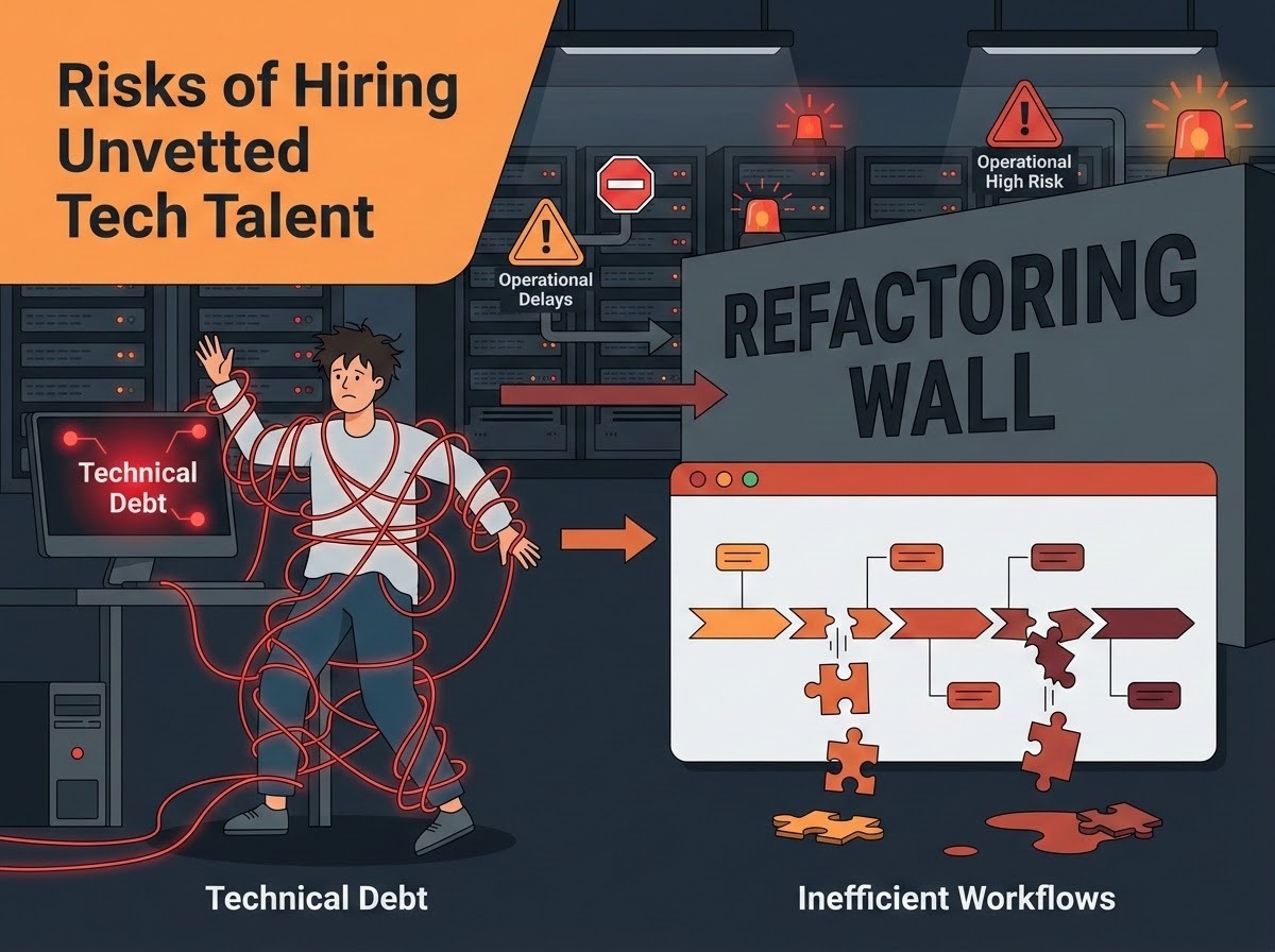 A conceptual and clean flat-style vector illustration depicting the risks of hiring unvetted tech talent. On one side, a disorganized software developer is tangled in messy, glowing red wires representing 'Technical Debt'. Beside them, a project timeline or workflow diagram is fractured and leaking puzzle pieces, symbolizing 'Inefficient Workflows'. The background shows a dimly lit server room with warning signs and a 'Refactoring Wall' blocking progress. The overall color palette uses cautionary oranges, reds, and dark grays to convey high risk and operational delays.