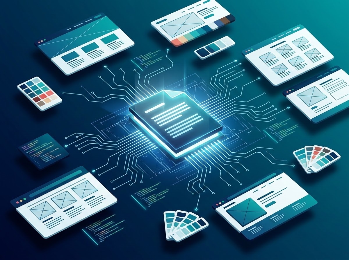 A professional and conceptual 3D illustration of a digital website design brief acting as a central nervous system or foundational pillar. The image features a sleek, glowing document at the center with architectural blue-print lines and digital neural pathways connecting it to various website elements like wireframes, color palettes, and code snippets. The atmosphere is strategic and high-tech, using a palette of deep blues, teals, and white to signify clarity and professional planning.