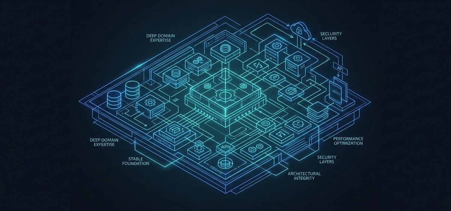 A modern, professional tech-focused illustration representing 'The Specialized Developer' and 'Deep-Dive Mastery'. The image features a high-precision, intricate architectural blueprint of a complex software system glowing in neon blue and teal against a dark, minimalist background. The blueprint shows detailed structural integrity with stable, interlocked components, symbolizing deep domain expertise, surgical precision, and a rock-solid foundation that prevents systemic collapse. The aesthetic is clean, sophisticated, and suitable for a high-end technology blog.