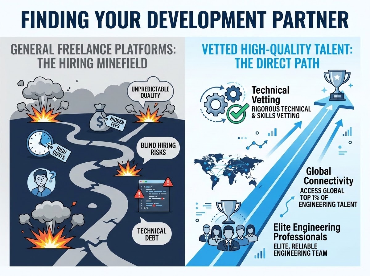 A clean, professional infographic illustrating the process of 'Finding Your Development Partner'. The visual compares a cluttered, dangerous 'hiring minefield' of general freelance platforms on one side with a streamlined, direct path to 'vetted high-quality talent' on the other. Icons represent technical vetting, global connectivity, and elite engineering professionals. The style is minimalist and modern, using a professional corporate color palette of blues, greys, and whites consistent with a high-end business document.