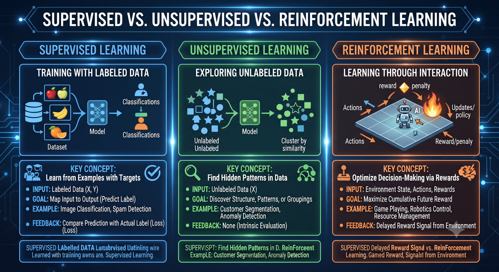 Supervised vs. Unsupervised vs. Reinforcement Learning: Differences, Use Cases, and Examples