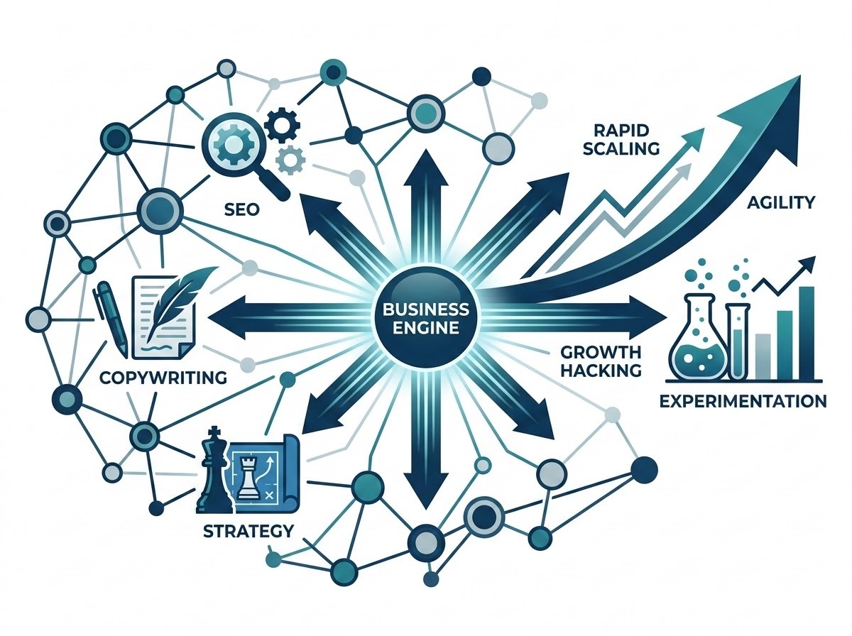A professional and modern conceptual illustration representing business growth and agility. The image uses a clean, minimalist infographic style with a professional corporate color palette of deep blues, teals, and light grays. The composition features a central glowing node representing a business engine, connected by sleek, light-speed data lines to a diverse global network of specialized talent icons (SEO, Copywriting, Strategy). On one side, a dynamic arrow curving upwards symbolizes rapid scaling and agility, while experimental lab beakers or data charts represent growth hacking and experimentation. The overall aesthetic is high-quality, sleek, and perfectly suited for a business document.