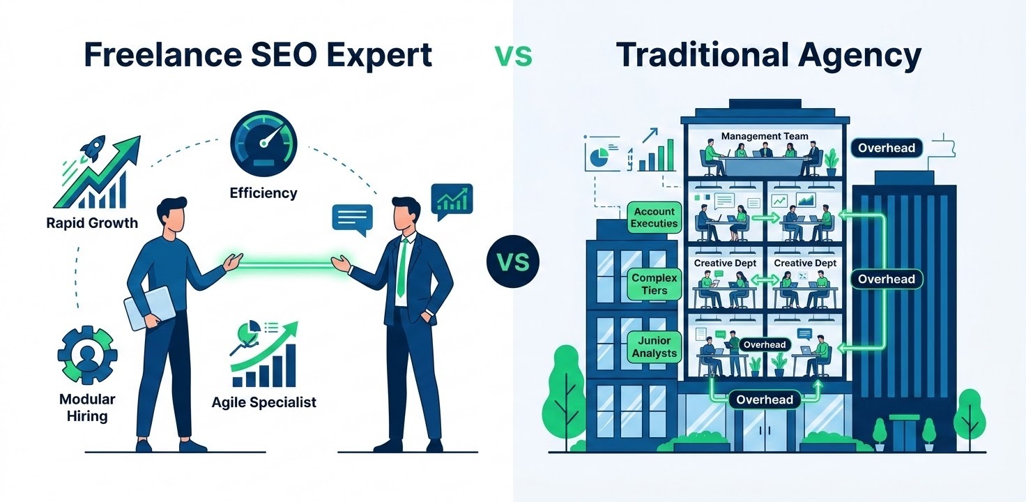 A professional and modern digital illustration comparing a freelance SEO expert with a traditional agency. On one side, a sleek, agile specialist is directly connected to a client by a glowing line of communication, surrounded by icons of rapid growth and efficiency. On the other side, a large, multi-layered office building represents an agency, filled with complex departmental tiers and 'overhead' labels. The style uses a clean, corporate palette of deep blues and vibrant accents, matching the analytical and inspiring aesthetic of the document's previous illustrations.