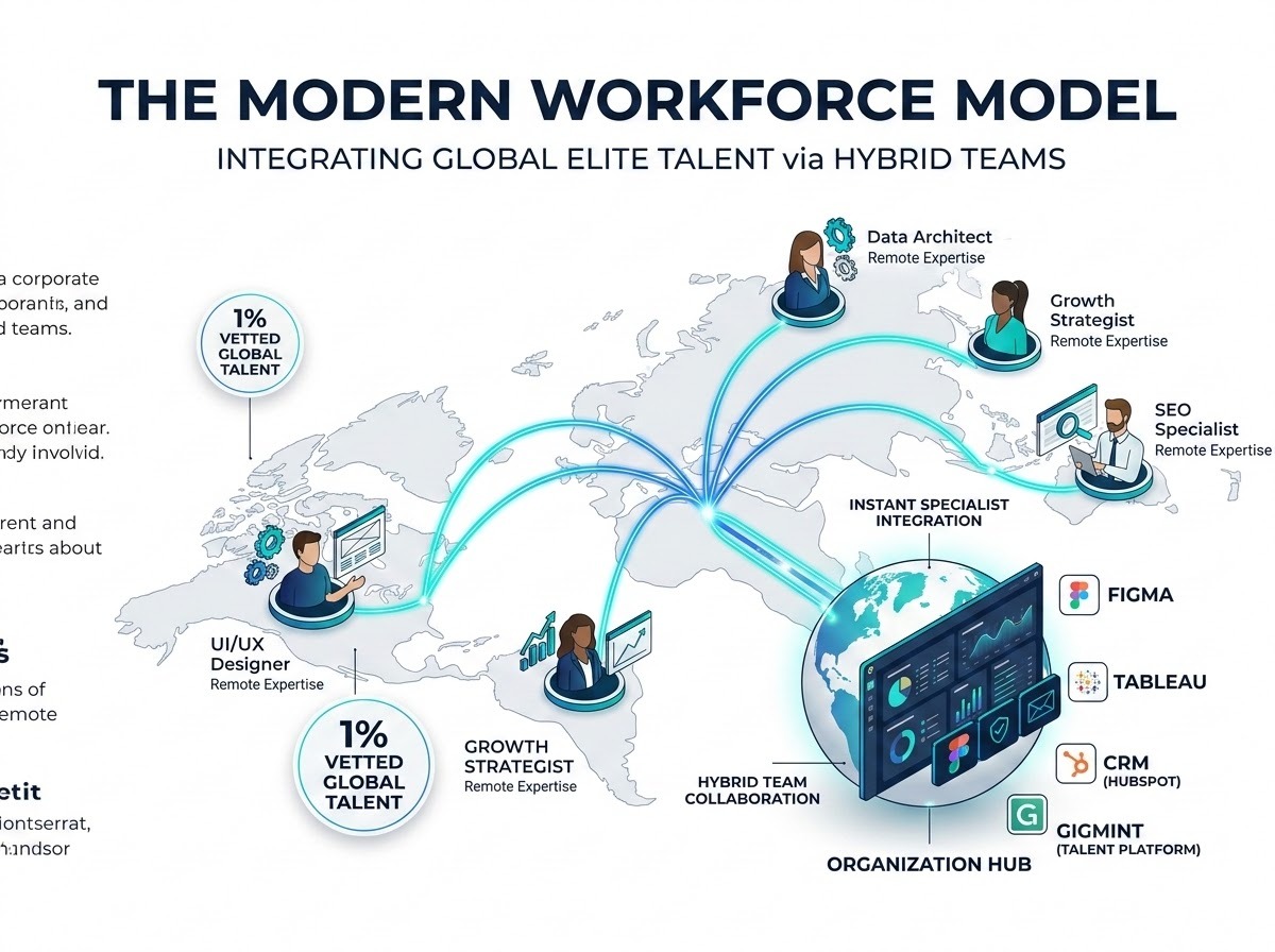 A professional, high-quality visualization of 'The Modern Workforce Model.' The scene depicts a diverse, global team of elite specialists, including data architects and UI/UX designers, collaborating through a sophisticated digital interface. Elements show a hybrid environment with remote senior-level expertise being integrated into an organization, featuring clean digital workspaces, glowing connectivity lines across a world map, and collaborative software icons. The style is modern, minimalist, and forward-thinking.