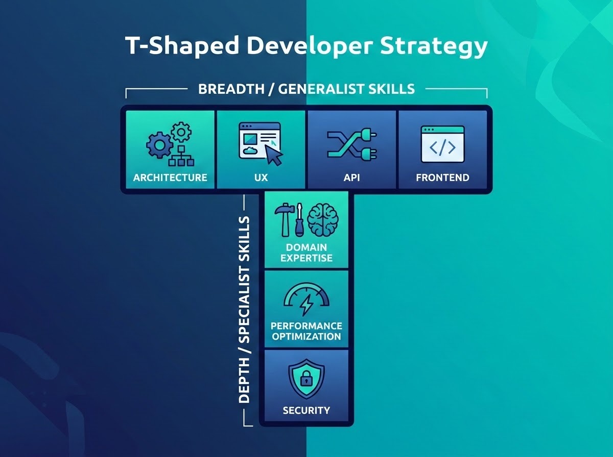 A professional, clean, tech-focused infographic illustrating the T-Shaped Developer Strategy. At the center is a large, stylized 'T' shape. The horizontal bar of the T is labeled 'Breadth / Generalist Skills' and features icons and labels for Architecture, UX, API, and Frontend. The vertical bar of the T is labeled 'Depth / Specialist Skills' and features icons and labels for Domain Expertise, Performance Optimization, and Security. The design uses a modern color palette of deep blues and vibrant teals with a clean, minimalist aesthetic suitable for a high-end technology blog.